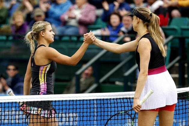 Jana Fett of Croatia shakes hands after defeating Mona Barthel of Germany during the AEGON Nottingham Open 1st Round match at the Nottingham Tennis Centre. Picture date: June 12th, 2017. Picture credit should read: Matt McNulty Sportimage EDITORIAL USE ONLY. No use with unauthorised audio, video, data, fixture lists, club league logos or live services. Online in-match use limited to 120 images, no video emulation. No use in betting, games or single club league player publications.