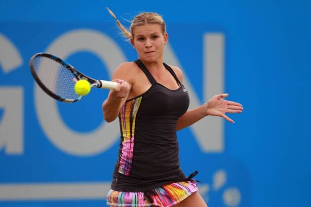 June 12th 2017, Nottingham, England; WTA Tennis Damen Aegon Nottingham Open Tennis Tournament day 3; Jana Fett of Croatia hits a forehand in the 2nd set of her match against Mona Barthel of Germany xLeexParkerx  ActionPlus11889881