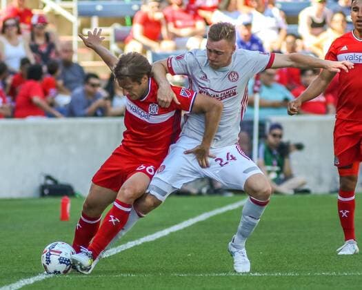 June 10, 2017 - Sat June 10th - Chicago Fire defender Joao Meira (66) fights off Atlanta United defender Julian Gressel (24) during MSL Soccer game action between The Chicago Fire and Atlanta United at Toyota Park in Bridgeview, IL. MLS Fussball Herren USA Soccerl 2017- Chicago vs Atlanta - ZUMAd132 20170610_zap_d132_013 Copyright: xGaryxDuncanxSrx