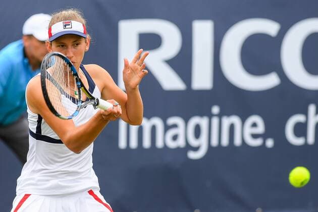 Belgian Elise Mertens pictured in action during a first round game between Belgian Elise Mertens and Ukrainian Lesia Tsurenko at the women s simple of the Ricoh Open WTA Tennis Damen tennis tournament in Rosmalen, the Netherlands, Monday 12 June 2017. LUCxCLAESSEN  x05112014x