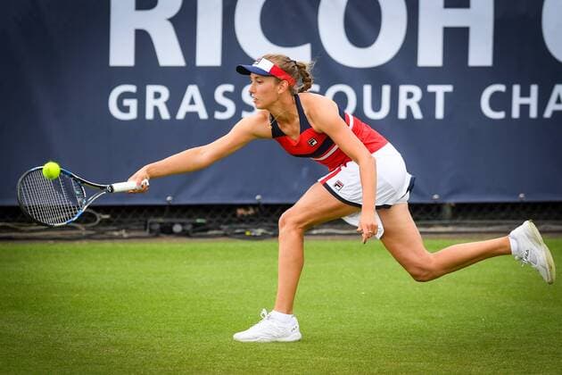 Belgian Elise Mertens pictured in action during a first round game between Belgian Elise Mertens and Ukrainian Lesia Tsurenko at the women s simple of the Ricoh Open WTA Tennis Damen tennis tournament in Rosmalen, the Netherlands, Monday 12 June 2017. LUCxCLAESSEN  x05111985x
