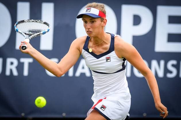 Belgian Elise Mertens pictured in action during a first round game between Belgian Elise Mertens and Ukrainian Lesia Tsurenko at the women s simple of the Ricoh Open WTA Tennis Damen tennis tournament in Rosmalen, the Netherlands, Monday 12 June 2017. LUCxCLAESSEN  x05112021x