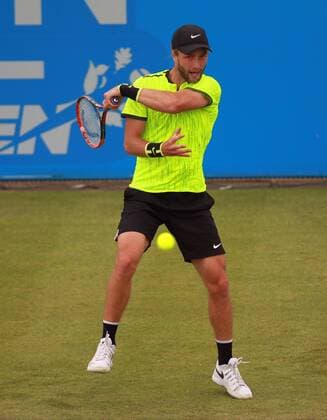 June 12th 2017, Nottingham, England; WTA Tennis Damen Aegon Nottingham Open Tennis Tournament day 3; Qualifier Liam Broady of the UK smashes a forehand back during his match versus 8th seed Illya Marchenko of the Ukraine xLeexParkerx  ActionPlus11889903