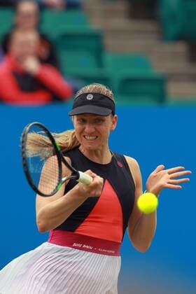 June 12th 2017, Nottingham, England; WTA Tennis Damen Aegon Nottingham Open Tennis Tournament day3; 7th Seed Mona Barthel of Germany hits a forehand in her defeat to Jana Fett of Croatia xLeexParkerx  ActionPlus11889976