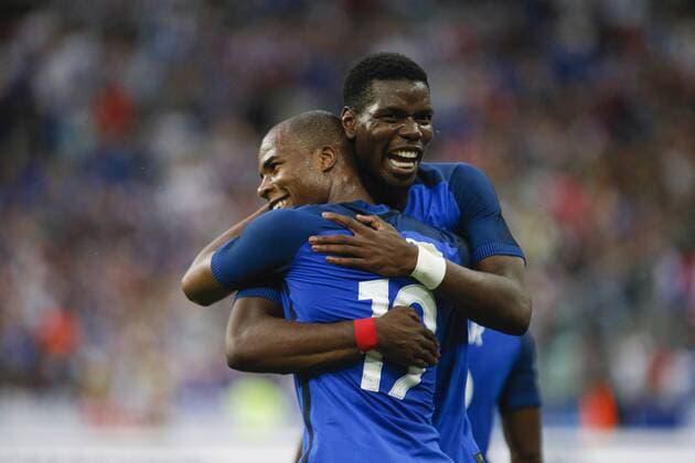 June 13, 2017 - Paris, France - France s defender Djbril Sidibe (L) is embraced by teammate midfielder Paul Pogbaafter scoring during the International Friendly Länderspiel football match between France and England, on June 13, 2017 at the Stade de France, in Saint-Denis, north of Paris, France. France v England - International Friendly  - ZUMAn230 20170613_zaa_n230_226 Copyright: xGeoffroyxVanxDerxHasseltx