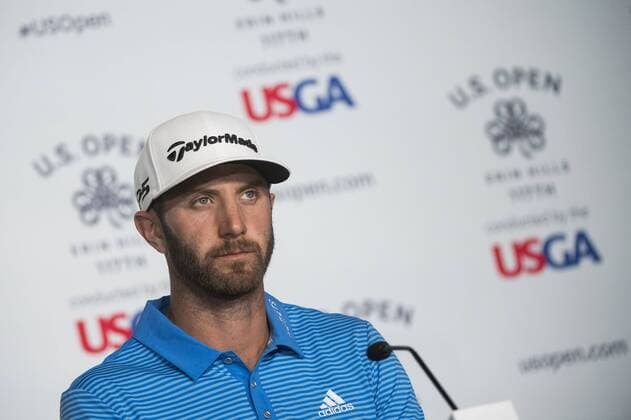 Dustin Johnson speaks to the media during a press conference PK Pressekonferenz prior to the start of the U.S. Open golf championship at Erin Hill golf course in Erin, Wisconsin on June 14, 2017. The 117th U.S. Open will start tomorrow.  WIS20170614330 KEVINxDIETSCH