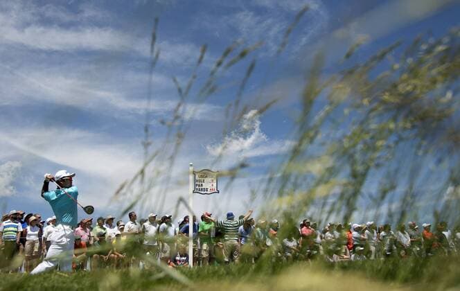 Hideki Matsuyama hits off the 8th tee during round 1 of the 117th U.S. Open golf tournament at Erin Hill golf course in Erin, Wisconsin on June 15, 2017.  WIS20170615328 KEVINxDIETSCH