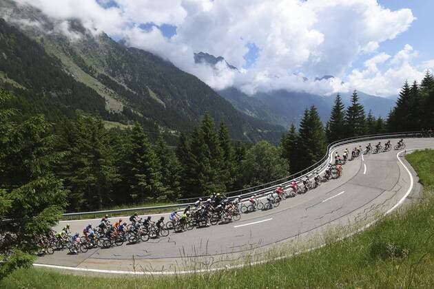 Illustration picture of the peloton Landscape Bunch Postcard Post card Paysage Carte Postale landschap briefkaart during stage 6 of the Tour de Suisse cycling race, a stage of 166 kms between Locarno and La Punt on June 15, 2017 in La Punt, Switserland, 15 06 2017 CYCLISME : Tour de Suisse - Etape 5 - Locarno La Punt - 15 06 2017 Photonews Panoramic 