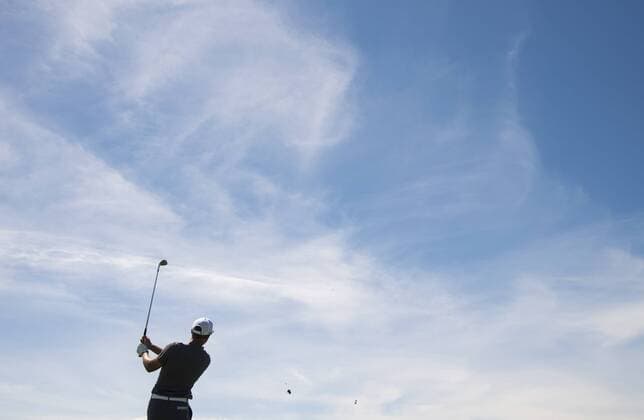 Cameron Champ hits off the 18th tee during round 2 of the 117th U.S. Open golf tournament at Erin Hill golf course in Erin, Wisconsin on June 16, 2017.  WIS20170616327 KEVINxDIETSCH