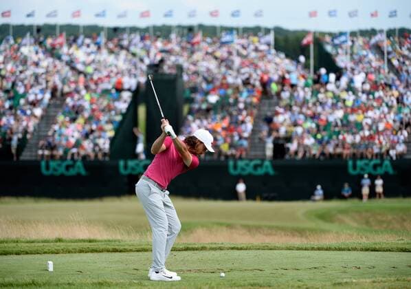 Tommy Fleetwood tees off on the 9th hole during round 3 of the 117th U.S. Open golf tournament at Erin Hill golf course on June 17, 2017 in Erin, Wisconsin.  WIS20170617111 BRIANxKERSEY