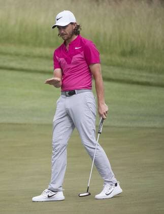 Tommy Fleetwood reacts to a missed putt on the 11th green during round 3 of the 117th U.S. Open golf tournament at Erin Hill golf course on June 17, 2017 in Erin, Wisconsin.  WIS20170617332 KEVINxDIETSCH