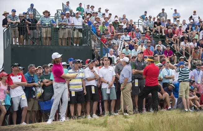 Tommy Fleetwood hits from the gallery on the 14th hole during round 3 of the 117th U.S. Open golf tournament at Erin Hill golf course on June 17, 2017 in Erin, Wisconsin.  WIS20170617336 KEVINxDIETSCH