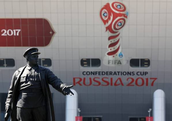 SAINT PETERSBURG, RUSSIA - JUNE 17: Monument to Sergei Kirov (Soviet leader),the Zenit Arena The Krestovsky Stadium, home of FC Zenit Saint Petersburg on the western portion of Krestovsky Island in Saint Petersburg, Russia. Host venue for the FIFA Confederations Cup Russia 2017 and FIFA World Cup WM Weltmeisterschaft Fussball Final Russia 2018 prior to the Group A.