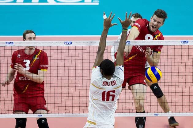 Red Dragons Pieter Verhees (R) pictured in action during a World League game between the Red Dragons, Belgian national volleyball team and France, Sunday 18 June 2017, at the Lotto Arena in Antwerp. KRISTOFxVANxACCOM  x05114772x