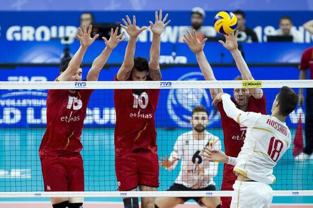 Red Dragons Matthias Valkiers, Red Dragons Simon Van De Voorde and Red Dragons Sam Deroo pictured in action during a World League game between the Red Dragons, Belgian national volleyball team and France, Sunday 18 June 2017, at the Lotto Arena in Antwerp. KRISTOFxVANxACCOM  x05114787x