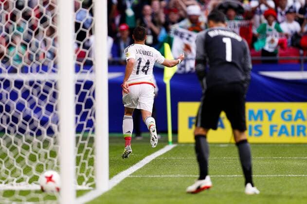 Portugal vs. Mexico KAZAN, RT - 18.06.2017: PORTUGAL VS. MEXICO - HERNANDEZ Javier of Mexico celebrates after scoring a goal during Portugal-Mexico match valid for the first round of the Confederations Cup 2017 on Sunday (18), held at the Kazan Arena in Kazan, Russia. (Photo: Marcelo Machado de Melo Fotoarena) x1339313x  MarceloxMachadoxdexMelo