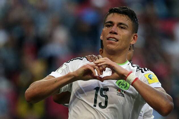 KAZAN, RUSSIA - JUNE 18, 2017: Mexico s Hector Moreno (15) celebrates a goal against Portugal in their 2017 FIFA Confederations Cup First Stage Group A football match at Kazan Arena Stadium; the match ended in a 2-2 draw. Yegor Aleyev TASS  TS053891