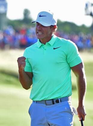 Brooks Koepka clenches his fist after winning the 117th U.S. Open golf tournament at Erin Hill golf course on June 17, 2017, in Erin, Wisconsin.  WIS20170618570 KEVINxDIETSCH