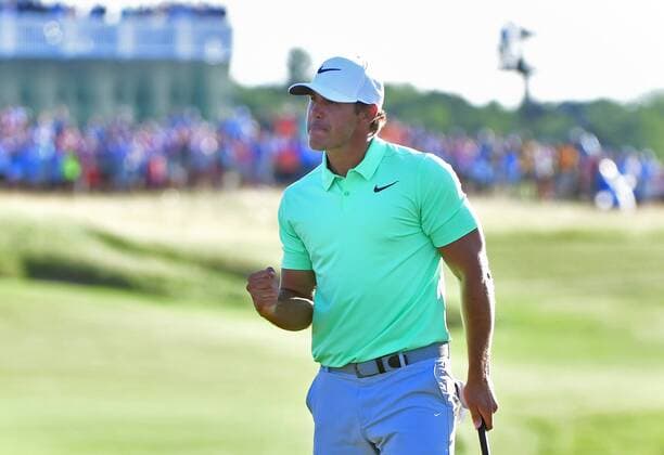 Brooks Koepka reacts on No. 18 after winning the 117th U.S. Open golf tournament at Erin Hill golf course on June 17, 2017, in Erin, Wisconsin.  WIS20170618573 KEVINxDIETSCH