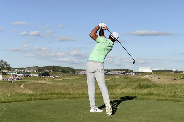 Brooks Koepka tees No. 18 during the final round of the 117th U.S. Open golf tournament at Erin Hill golf course on June 18, 2017, in Erin, Wisconsin.  WIS20170618565 BRIANxKERSEY