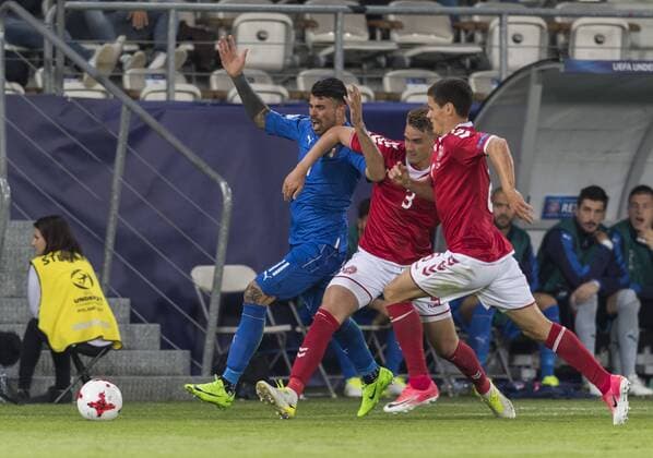 Fußball, U21 EM, Dänemark - Italien (L-R) Andrea Petagna (ITA), Andreas Maxso, Christian Norgaard (DEN), JUNE 18, 2017 - Football Soccer : UEFA Under-21 Championship Poland 2017 Group C match between Denmark 0-2 Italy at Stadion Cracovia in Krakow, Poland. Noxthirdxpartyxsales  (ptmb109758)