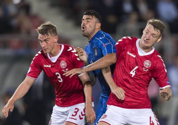 Fußball, U21 EM, Dänemark - Italien (L-R) Andreas Maxso (DEN), Andrea Petagna (ITA), Patrick Banggaard (DEN), JUNE 18, 2017 - Football Soccer : UEFA Under-21 Championship Poland 2017 Group C match between Denmark 0-2 Italy at Stadion Cracovia in Krakow, Poland. Noxthirdxpartyxsales  (ptmb109765)