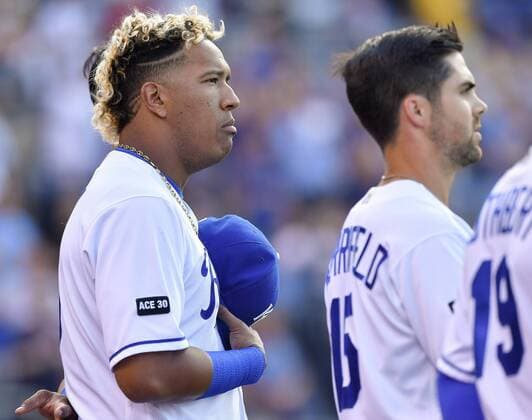 June 19, 2017 - Kansas City, MO, USA - Kansas City Royals Salvador Perez stands for the playing of the national anthem before a game against the Boston Red Sox on Monday, June 19, 2017 at Kauffman Stadium in Kansas City, Mo. Boston Red Sox vs. Kansas City Royals - ZUMAm67_ 20170619_zaf_m67_014 Copyright: xJohnxSleezerx