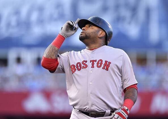 June 19, 2017 - Kansas City, MO, USA - Boston Red Sox s Pablo Sandoval celebrates his single in the second inning against the Kansas City Royals on Monday, June 19, 2017 at Kauffman Stadium in Kansas City, Mo. Boston Red Sox vs. Kansas City Royals - ZUMAm67_ 20170619_zaf_m67_027 Copyright: xJohnxSleezerx