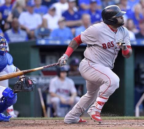 June 19, 2017 - Kansas City, MO, USA - Boston Red Sox s Pablo Sandoval follows through on a single in the second inning against the Kansas City Royals on Monday, June 19, 2017 at Kauffman Stadium in Kansas City, Mo. Boston Red Sox vs. Kansas City Royals - ZUMAm67_ 20170619_zaf_m67_028 Copyright: xJohnxSleezerx