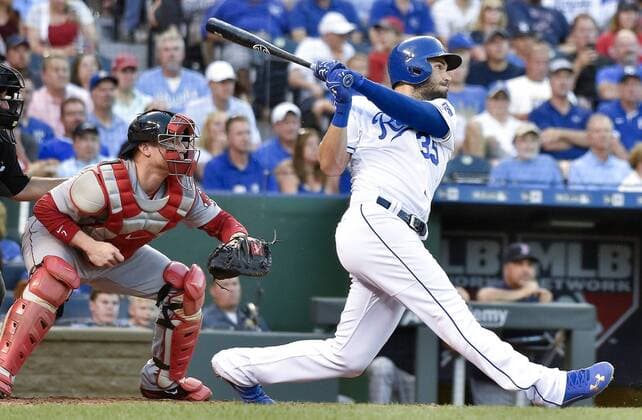 June 19, 2017 - Kansas City, MO, USA - Kansas City Royals Eric Hosmer follows through on a two-run home run in front of Boston Red Sox catcher Christian Vazquez in the third inning that also scored Jorge Bonifacio on Monday, June 19, 2017 at Kauffman Stadium in Kansas City, Mo. Boston Red Sox vs. Kansas City Royals - ZUMAm67_ 20170619_zaf_m67_031 Copyright: xJohnxSleezerx