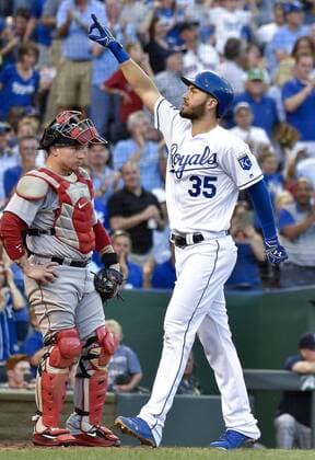 June 19, 2017 - Kansas City, MO, USA - Kansas City Royals Eric Hosmer celebrates his two-run home run in front of Boston Red Sox catcher Christian Vazquez in the third inning that also scored Jorge Bonifacio on Monday, June 19, 2017 at Kauffman Stadium in Kansas City, Mo. Boston Red Sox vs. Kansas City Royals - ZUMAm67_ 20170619_zaf_m67_033 Copyright: xJohnxSleezerx