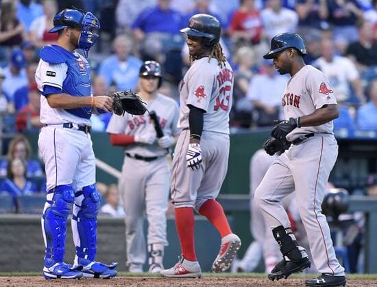 June 19, 2017 - Kansas City, MO, USA - Boston Red Sox s Jackie Bradley Jr. scores in front of Kansas City Royals catcher Drew Butera on a two-run home run that also scored Hanley Ramirez in the fourth inning on Monday, June 19, 2017 at Kauffman Stadium in Kansas City, Mo. Boston Red Sox vs. Kansas City Royals - ZUMAm67_ 20170619_zaf_m67_034 Copyright: xJohnxSleezerx