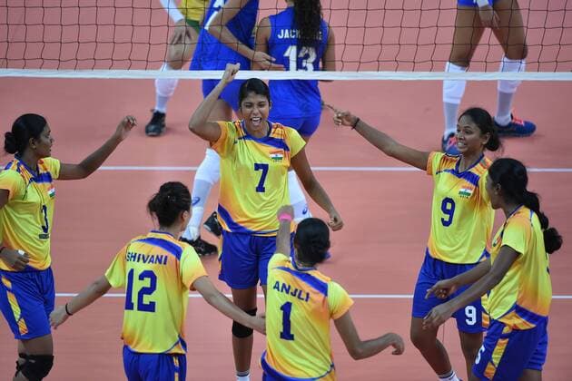 (170620) -- GUANGZHOU, June 20, 2017 -- Players of India celebrate after scoring during the women s volleyball match against Brazil at 2017 BRICS Games in Guangzhou, south China s Guangdong Province, June 20, 2017. ) (SP)CHINA-GUANGZHOU-VOLLEYBALL-2017 BRICS GAMES LiangxXu 