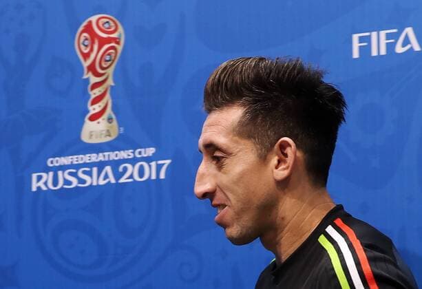 SOCHI, RUSSIA â€“ JUNE 20, 2017: Hector Herrera, midfielder of the Mexican national football team, at a news conference ahead of the upcoming 2017 FIFA Confederations Cup match against New Zealand. Artyom Korotayev TASS  TS053D39