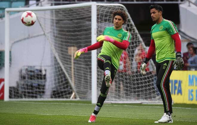 SOCHI, RUSSIA â€“ JUNE 20, 2017: Goalkeepers Guillermo Ochoa (L) and Alfredo Talavera of the Mexican national football team training ahead of their upcoming 2017 FIFA Confederations Cup match against New Zealand. Sergei Fadeichev TASS  TS053D64