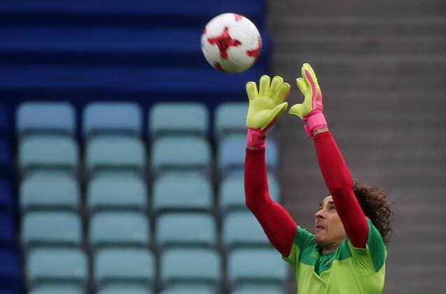 SOCHI, RUSSIA â€“ JUNE 20, 2017: Goalkeeper Guillermo Ochoa of the Mexican national football team training ahead of their upcoming 2017 FIFA Confederations Cup match against New Zealand. Sergei Fadeichev TASS  TS053D6C