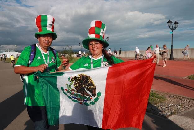 SOCHI, RUSSIA â€“ JUNE 21, 2017: Mexican fans waving a national flag ahead of the 2017 FIFA Confederations Cup Group B match against New Zealand at Fisht Stadium. Sergei Fadeichev TASS  TS054079