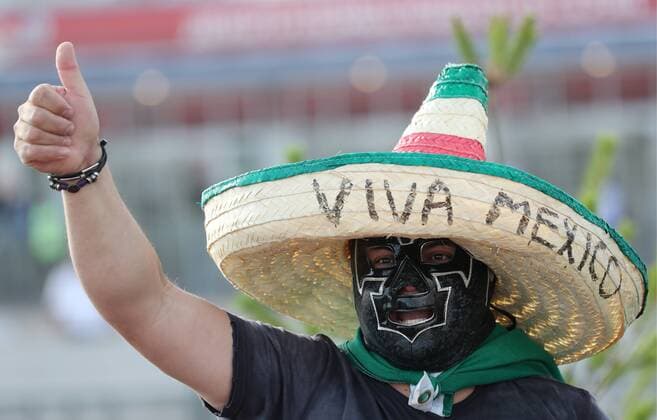 SOCHI, RUSSIA â€“ JUNE 21, 2017: Mexican fan wearing a sombrero shows a thumbs up ahead of the 2017 FIFA Confederations Cup Group B match against New Zealand at Fisht Stadium. Artyom Korotayev TASS  TS0540F4