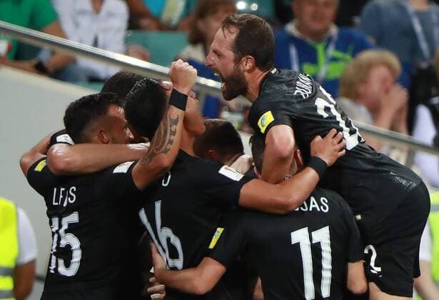 SOCHI, RUSSIA â€“ JUNE 21, 2017: Mexico s players celebrate scoring in their 2017 FIFA Confederations Cup Group A match against New Zealand at Fisht Stadium. Sergei Fadeichev TASS  TS054192
