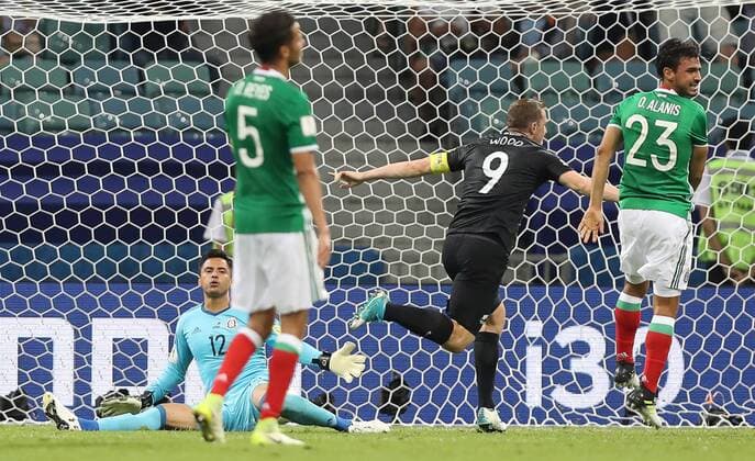 SOCHI, RUSSIA â€“ JUNE 21, 2017: New Zealand s Chris Wood (2nd R) celebrates scoring past Mexico s goalkeeper Alfredo Talavera (L) in their 2017 FIFA Confederations Cup Group A match at Fisht Stadium. Artyom Korotayev TASS  TS0541B3