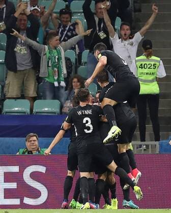SOCHI, RUSSIA â€“ JUNE 21, 2017: New Zealand s players celebrate scoring in their 2017 FIFA Confederations Cup Group A match against Mexico at Fisht Stadium. Artyom Korotayev TASS  TS0541B6