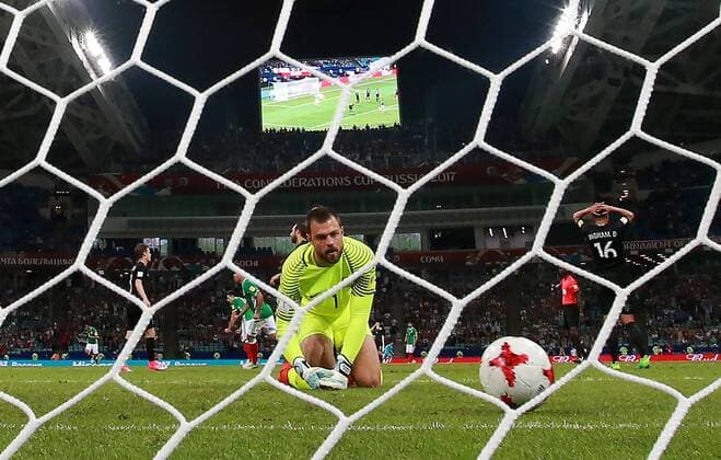 SOCHI, RUSSIA â€“ JUNE 21, 2017: New Zealand s goalkeeper Stefan Marinovic concedes a goal in their 2017 FIFA Confederations Cup Group A match against Mexico at Fisht Stadium. Sergei Fadeichev TASS  TS0541CC