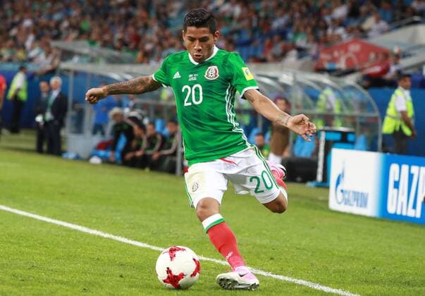 SOCHI, RUSSIA â€“ JUNE 21, 2017: Mexico s Javier Aquino kicks the ball in the 2017 FIFA Confederations Cup Group A match against New Zealand at Fisht Stadium. Sergei Fadeichev TASS  TS0541D7