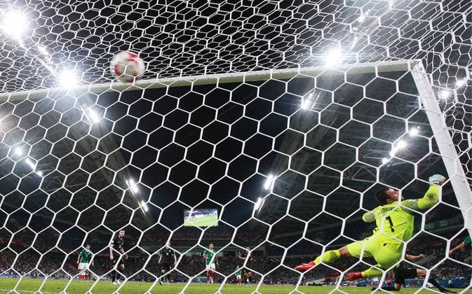 SOCHI, RUSSIA â€“ JUNE 21, 2017: New Zealand s goalkeeper Stefan Marinovic concedes a goal in their 2017 FIFA Confederations Cup Group A match against Mexico at Fisht Stadium. Sergei Fadeichev TASS  TS0541FF