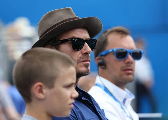 June 22nd 2017, Queens Club, West Kensington, London; Aegon Tennis Championships, Day 4; Jordan Thompson (AUS) versus Sam Querrey (USA); David Beckham with his son Romeo watches on from the player guest section xJohnxPatrickxFletcherx  ActionPlus11892916