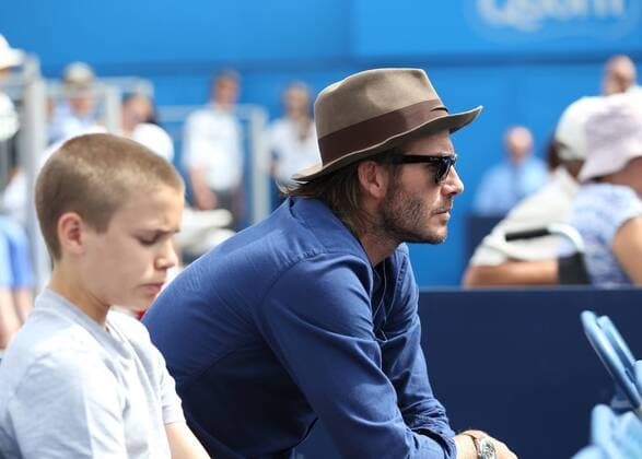 June 22nd 2017, Queens Club, West Kensington, London; Aegon Tennis Championships, Day 4; Jordan Thompson (AUS) versus Sam Querrey (USA); David Beckham with his son Romeo watching on from the player guest section xJohnxPatrickxFletcherx  ActionPlus11892920