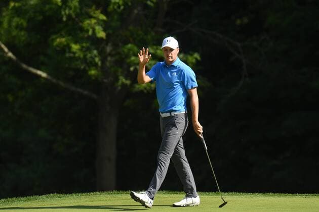 June 22, 2017 - Cromwell, Connecticut - JORDAN SPIETH acknowledges the crowd after making a putt on the 14th hole during the opening round of the Travelers Golf Championship at TPC River Highlands in Cromwell, Connecticut. Golf 2017: Travelers Championship: Round 1 - ZUMAc04_ 20170622_zaf_c04_097 Copyright: xGregoryxVasilx