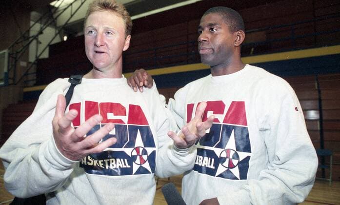 June 23, 2017 - June 22, 1992 -- Larry Bird, left, and Magic Johnson address media after the U.S. men s Olympic Basketball Dream Team practice at UC San Diego. Photo: San Diego Union-Tribune file photo San Diego California News - June 23, 2017 - ZUMAs44_ 79239897st Copyright: xJohnxGibbinsx