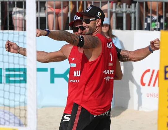 Beach volleyball Beachvolleyball - CEV EC 2017 BADEN,AUSTRIA,24.JUN.17 - BEACH VOLLEYBALL - CEV European Beach Volleyball Championships, men. Image shows the rejoicing of Alex Horst (AUT) and Clemens Doppler (AUT). GEPAxpictures xChristianxOrt
