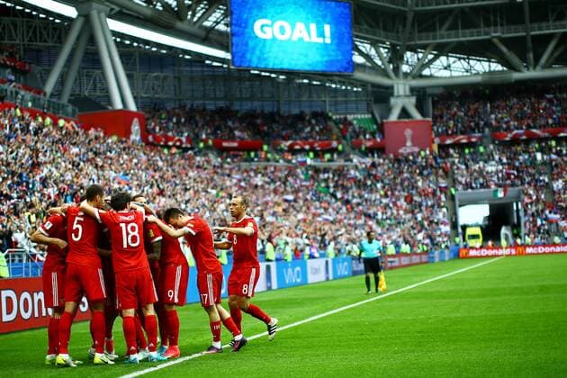 Mexico vs. Russia SAO PETERSBURGO, MO - 24.06.2017: MEXICO VS. RUSSIA - Russian players celebrate goal during Mexico-Russia match valid for the third round of the 2017 Confederations Cup on Saturday (24) held at the Kazan Arena in Kazan, Russia. (Photo: Heuler Andrey DiaEsportivo Fotoarena) x1343497x  HeulerxAndrey